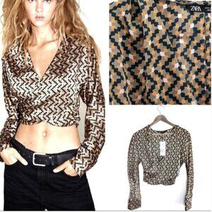 Zara  Geometric Satin Print Cropped Top Size S NEW WITH TAG!